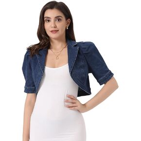 Allegra K Crop Denim Cardigan for Women's Short Sleeve Lapel Collar Jean Jacket