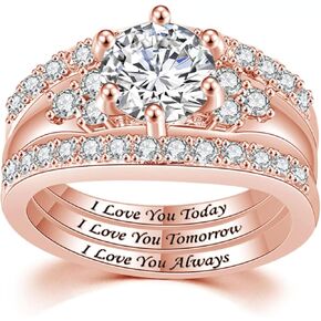 18K White/Rose Gold Plated Engagement Rings Set 7MM Cubic Zirconia Rings Three-in-One Engagement Bridal Promise Wedding Band for Women Men Size 5-10
