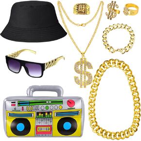 80s 90s Hip Hop Costume Kit, 11 PCS 80s/ 90s Costumes Outfit for Men Women Necklace Ring Sunglasses Hat Rapper Accessories