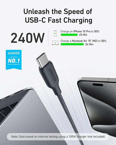 Anker USB C Cable, 240W Type C Fast Charging, USB 2.0(10 ft, Phantom Black) | Bio-Braided Cord for iPhone 17 Series, MacBook Pro 2020, iPad Pro, and More in Kuwait