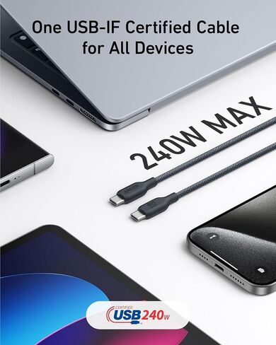Anker USB C Cable, 240W Type C Fast Charging, USB 2.0(10 ft, Phantom Black) | Bio-Braided Cord for iPhone 17 Series, MacBook Pro 2020, iPad Pro, and More in Kuwait