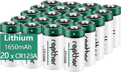rapthor CR123A 3V Lithium Battery 1650mAh 20 Pack High Power CR123 123A 123 CR17345 Photo Batteries PTC Protected for Cameras Flashlight Alarm Smart Sensors (Non-Rechargeable, Not for Arlo) in Kuwait