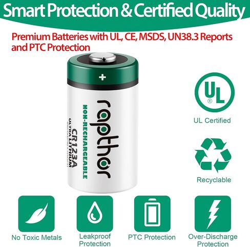rapthor CR123A 3V Lithium Battery 1650mAh 20 Pack High Power CR123 123A 123 CR17345 Photo Batteries PTC Protected for Cameras Flashlight Alarm Smart Sensors (Non-Rechargeable, Not for Arlo) in Kuwait
