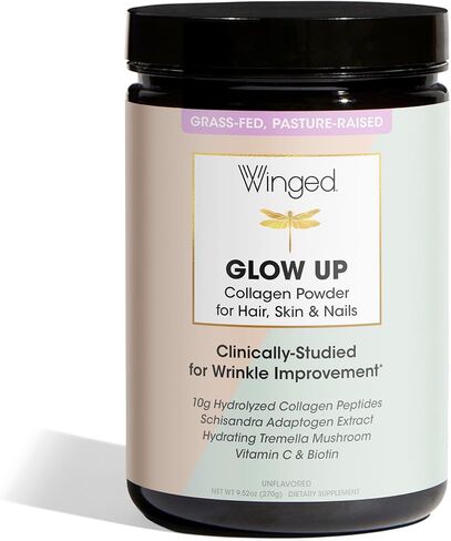 Winged Glow Up Collagen Powder | Better Hair, Skin, Nails for Women | Grass Fed Collagen Peptides w/Adaptogen Schisandra, Snow Mushroom, Vitamin C & Biotin | Unflavored (Single Serving), Non GMO in Saudi Arabia