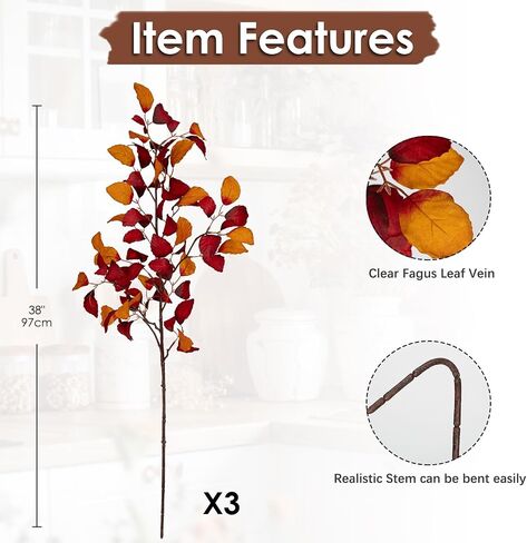 3PCS Artificial Fall Leaf Stems Autumn Leaves Fake Fagus Sylvatica Folige Burgundy Faux Beech Leaf Branch, Long Stems for Floral Arrangements Autumn Decoration in Saudi Arabia