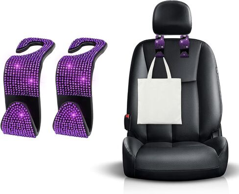 2 PCS Bling Car Seat Headrest Hooks, Crystal Rhinestone Back Seat Hanging Storage Organizer, Vehicle Seat Hanger Holder for Purse Handbag Coat, Interior Car Accessories (Purple) in Saudi Arabia