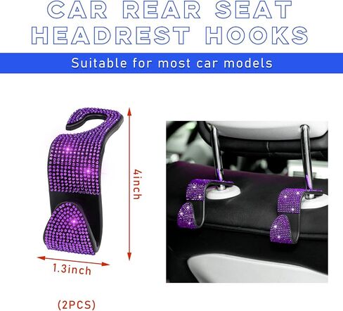 2 PCS Bling Car Seat Headrest Hooks, Crystal Rhinestone Back Seat Hanging Storage Organizer, Vehicle Seat Hanger Holder for Purse Handbag Coat, Interior Car Accessories (Purple) in Saudi Arabia
