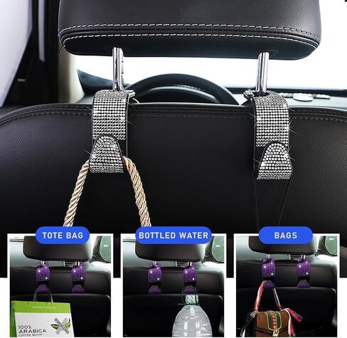 2 PCS Bling Car Seat Headrest Hooks, Crystal Rhinestone Back Seat Hanging Storage Organizer, Vehicle Seat Hanger Holder for Purse Handbag Coat, Interior Car Accessories (Purple) in Saudi Arabia