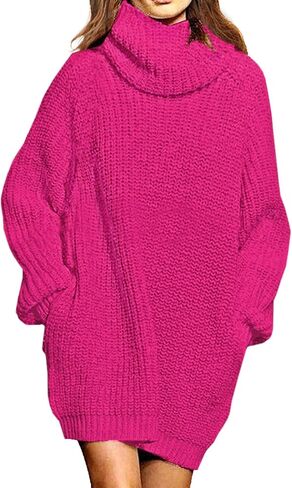 Pink Queen Women's Loose Turtleneck Oversize Long Pullover Sweater Dress in Kuwait