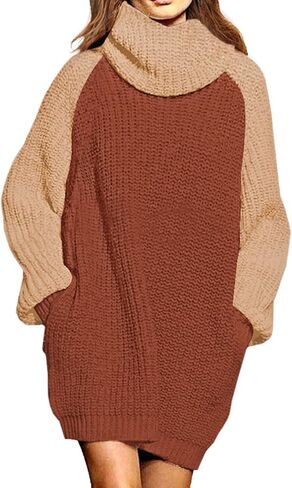 Pink Queen Women's Loose Turtleneck Oversize Long Pullover Sweater Dress in Kuwait