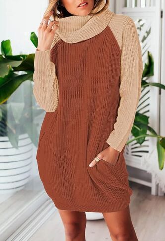 Pink Queen Women's Loose Turtleneck Oversize Long Pullover Sweater Dress in Kuwait