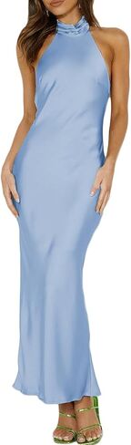 Sexy Satin Halter Neck Backless Maxi Dress for Women Elegant Tie Cowl Back Formal Wedding Guest Dress for Summer in Saudi Arabia
