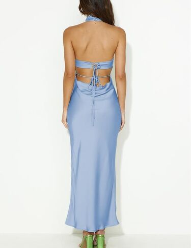 Sexy Satin Halter Neck Backless Maxi Dress for Women Elegant Tie Cowl Back Formal Wedding Guest Dress for Summer in Saudi Arabia