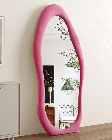 63" x 24" Full Length Mirror with Stand, Full Length Mirror Wall Mounted, Floor Mirror, Cloud Shape Standing Mirror, Flannel Wrapped Wooden Frame Mirror, Irregular Full Body Mirror, Green in Saudi Arabia