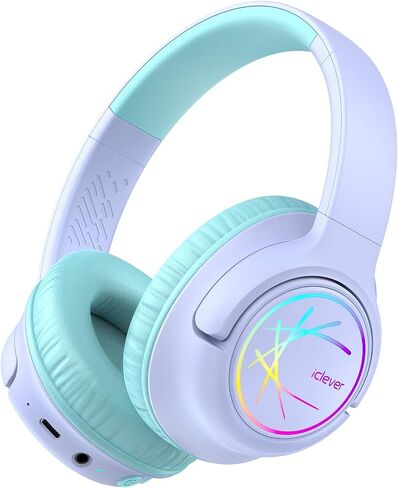 iClever BTH18 Kids Bluetooth Headphones LED Lights for Toddler Boys Girls | SafeSound Tech, 43H Playtime Stereo Sound, USB C Charging AUX Cable, Over Ear Kids Headphones Wireless for iPad/Tablet/Travel in Kuwait