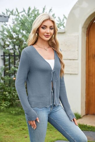 GRACE KARIN Women's Long Sleeve Cardigan Tie Front V Neck Crochet Lightweight Shrug Sweaters for Dresses Knit Top in Saudi Arabia