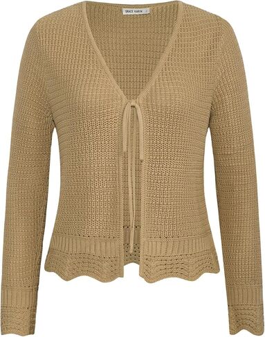 GRACE KARIN Women's Long Sleeve Cardigan Tie Front V Neck Crochet Lightweight Shrug Sweaters for Dresses Knit Top in Saudi Arabia