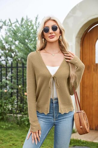 GRACE KARIN Women's Long Sleeve Cardigan Tie Front V Neck Crochet Lightweight Shrug Sweaters for Dresses Knit Top in Saudi Arabia