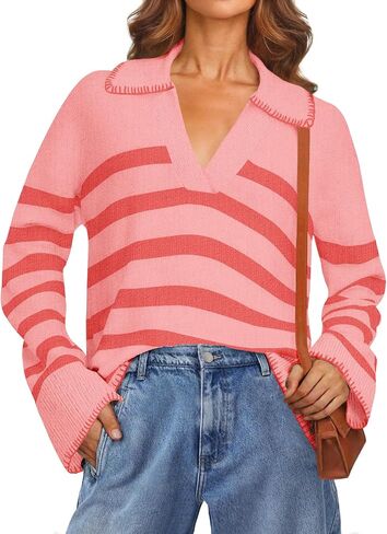 MEROKEETY Women's 2024 Fall Oversized Striped Sweater Collared V Neck Long Sleeve Trendy Knit Pullover Tops in Saudi Arabia