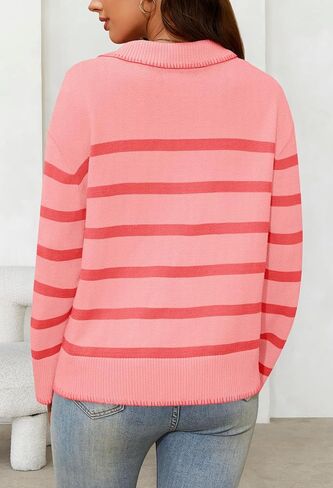 MEROKEETY Women's 2024 Fall Oversized Striped Sweater Collared V Neck Long Sleeve Trendy Knit Pullover Tops in Saudi Arabia