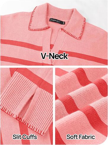 MEROKEETY Women's 2024 Fall Oversized Striped Sweater Collared V Neck Long Sleeve Trendy Knit Pullover Tops in Saudi Arabia