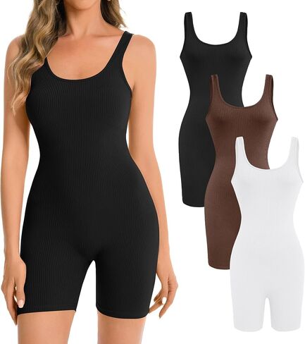 Womens Jumpsuits Shorts 3 Pack Workout Athletic Romper Yoga Sleeveless Square Neck Tank Top Bodysuits in Saudi Arabia