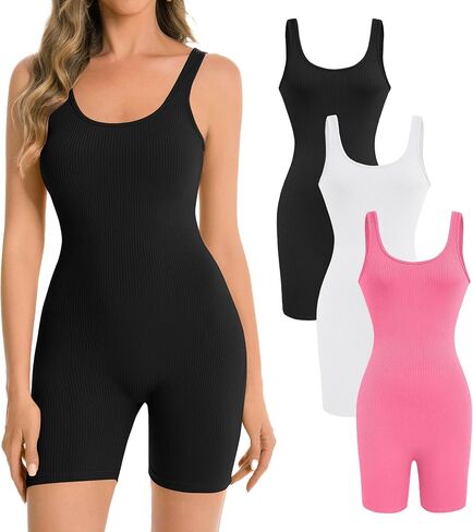 Womens Jumpsuits Shorts 3 Pack Workout Athletic Romper Yoga Sleeveless Square Neck Tank Top Bodysuits in Saudi Arabia