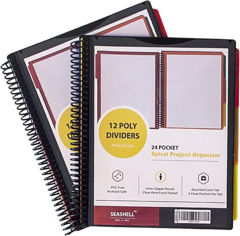 Seashell 12 Pockets Poly Project Organizer, 6 Colors Binder Organzier Spiral Project Folder Multi Pocket Folder Binder with Pockets, Letter Size, Back Cover Utility Pouch, 1 Pack in Saudi Arabia