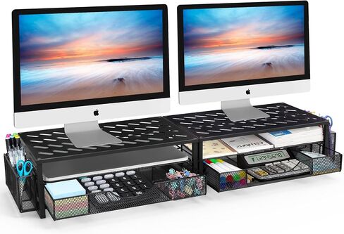 2 Tier Metal Computer Monitor Stand For Desk, Monitor Riser with Drawer and Pen Holder, Desktop Computer Stand, Desk Organizers, Desk Accessories & Workspace for Office Supplies, Black in Saudi Arabia