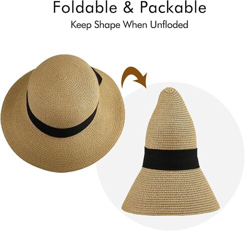 Surblue Womens Straw Sun Hat Wide Brim Foldable Panama Roll up Cap Fedora Beach Sun Hat UPF50+ in Kuwait