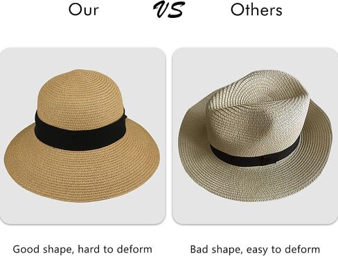 Surblue Womens Straw Sun Hat Wide Brim Foldable Panama Roll up Cap Fedora Beach Sun Hat UPF50+ in Kuwait