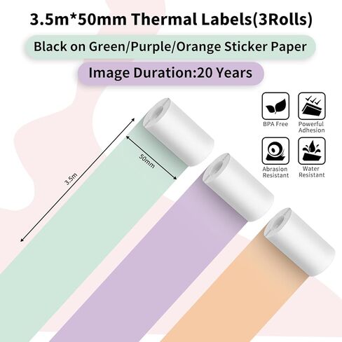 ورق طابعة حرارية ملون - ورق لاصق حراري، ورق طابعة صغير متوافق مع T02/M02/M02S/M03، ورق حراري للملاحظات/المجلة، أسود على أخضر/أرجواني/برتقالي، 50 مم × 3.5 متر، 3 لفات in Kuwait