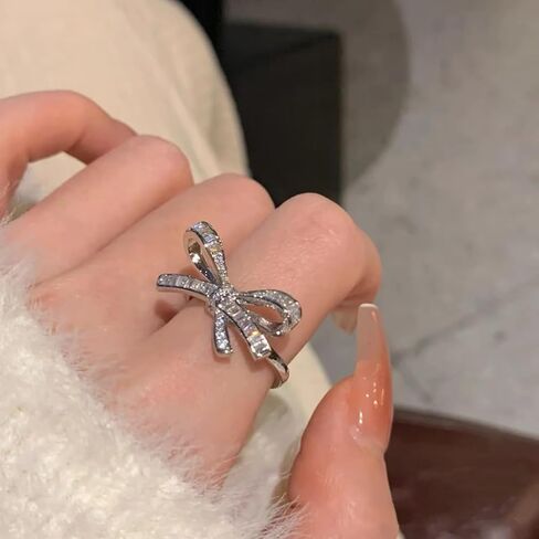 Gold Rhinestone Bow Knuckle Ring,Cute Shiny Multi Row Cubic Zirconia Statement Ring,Silver Shiny Engagement Wedding Band Jewelry Gift in Kuwait