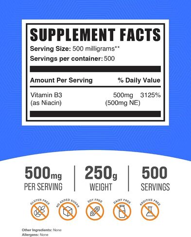 BULKSUPPLEMENTS.COM مسحوق النياسين - مكمل فيتامين ب3، النياسين 500 مجم - مسحوق نياسين فلوش، النياسين مع التنظيف - خالي من الغلوتين، 500 مجم من فيتامين ب3 نياسين لكل وجبة، 250 جم (8.8 أونصة) in Kuwait