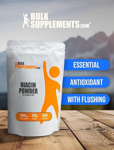 BULKSUPPLEMENTS.COM مسحوق النياسين - مكمل فيتامين ب3، النياسين 500 مجم - مسحوق نياسين فلوش، النياسين مع التنظيف - خالي من الغلوتين، 500 مجم من فيتامين ب3 نياسين لكل وجبة، 250 جم (8.8 أونصة) in Kuwait