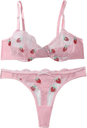 MakeMeChic Women's Strawberry Lace Mesh Lingerie Set Push Up Bra and Panty in Saudi Arabia