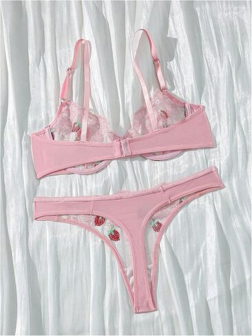 MakeMeChic Women's Strawberry Lace Mesh Lingerie Set Push Up Bra and Panty in Saudi Arabia