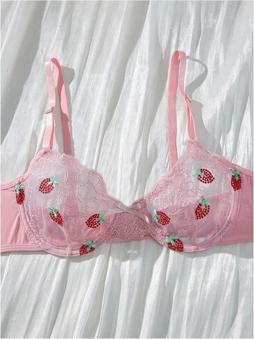 MakeMeChic Women's Strawberry Lace Mesh Lingerie Set Push Up Bra and Panty in Saudi Arabia