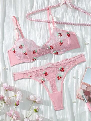 MakeMeChic Women's Strawberry Lace Mesh Lingerie Set Push Up Bra and Panty in Saudi Arabia
