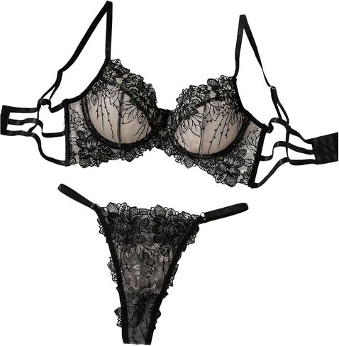 MakeMeChic Women's Strawberry Lace Mesh Lingerie Set Push Up Bra and Panty in Saudi Arabia