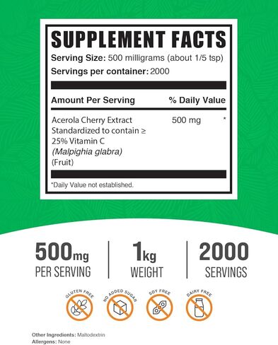 BULKSUPPLEMENTS.COM مستخلص الكرز الهندي (25% فيتامين C) - مسحوق فيتامين C - مسحوق الكرز الهندي - مكمل فيتامين C الطبيعي - فيتامين C النباتي - مسحوق Acerola (250 جرام - 8.8 أونصة) in Kuwait