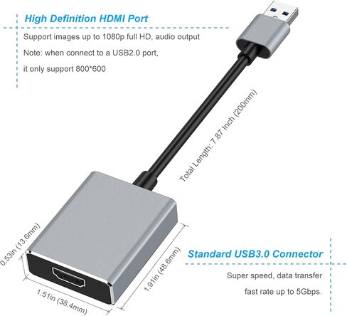 USB to HDMI Adapter, USB 3.0/2.0 to HDMI Cable Multi-Display Video Converter- PC Laptop Windows 7 8 10,Desktop, Laptop, PC, Monitor, Projector, HDTV.[Not Support Chromebook] in Kuwait