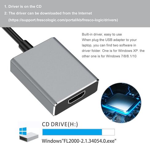 USB to HDMI Adapter, USB 3.0/2.0 to HDMI Cable Multi-Display Video Converter- PC Laptop Windows 7 8 10,Desktop, Laptop, PC, Monitor, Projector, HDTV.[Not Support Chromebook] in Kuwait