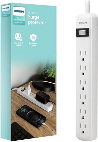 واقي التيار المفاجئ من فيليبس، 6 منافذ، سلك تمديد 10 قدم، شريط طاقة، 1080 جول، قابس مسطح، مثبت على الحائط، مثالي لديكور المكتب أو المنزل، مدرج في قائمة ETL، أسود، SPP6110BC/37 in Kuwait
