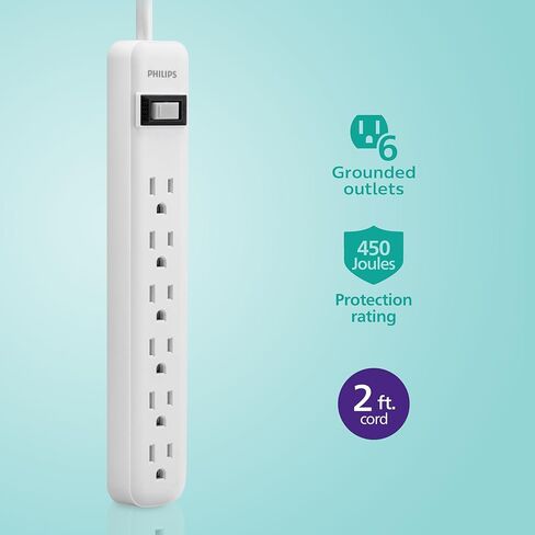 واقي التيار المفاجئ من فيليبس، 6 منافذ، سلك تمديد 10 قدم، شريط طاقة، 1080 جول، قابس مسطح، مثبت على الحائط، مثالي لديكور المكتب أو المنزل، مدرج في قائمة ETL، أسود، SPP6110BC/37 in Kuwait
