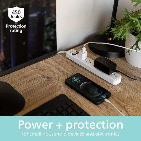 واقي التيار المفاجئ من فيليبس، 6 منافذ، سلك تمديد 10 قدم، شريط طاقة، 1080 جول، قابس مسطح، مثبت على الحائط، مثالي لديكور المكتب أو المنزل، مدرج في قائمة ETL، أسود، SPP6110BC/37 in Kuwait