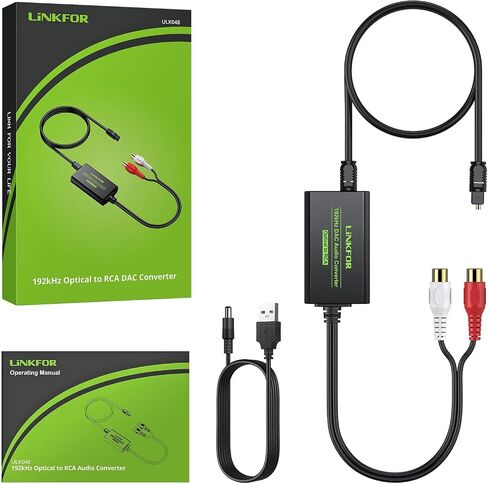 LiNKFOR 192kHz DAC Converter, Digital to Analog Audio Adapter, Digital Optical SPDIF Toslink to Analog Stereo RCA L/R, 7ft/2.1m Cable, Compatible with HDTV, Blu-ray, DVD, Amps (RCA Male) in Kuwait