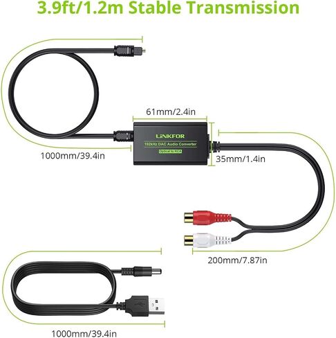 LiNKFOR 192kHz DAC Converter, Digital to Analog Audio Adapter, Digital Optical SPDIF Toslink to Analog Stereo RCA L/R, 7ft/2.1m Cable, Compatible with HDTV, Blu-ray, DVD, Amps (RCA Male) in Kuwait