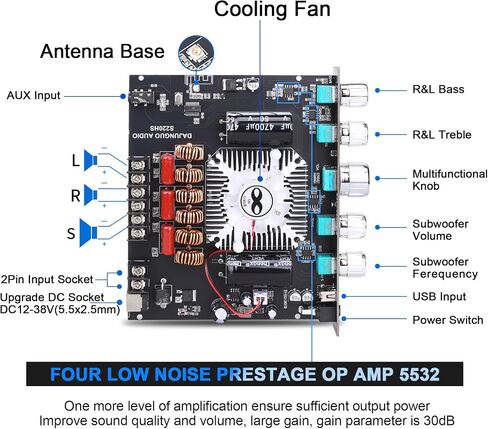 ZK-ST21 TPA3221 Bluetooth Power Amplifier Board with Subwoofer 2.1 Channel 100W×2+200W, 12V-30V Audio Power Amplifier Module with Treble and Bass Control in Saudi Arabia