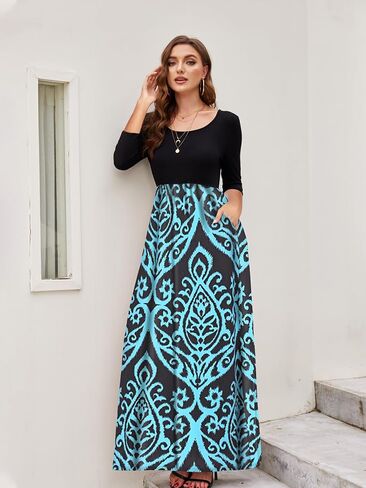 Supnier Women's 3/4 Sleeve Maxi Dresses Casual Floral Print Long Dress with Pockets in Saudi Arabia